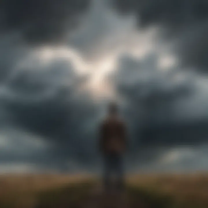 Illustration showing a person standing strong amidst storm clouds signifying emotional resilience