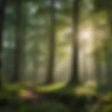A lush green forest with sunlight filtering through the canopy