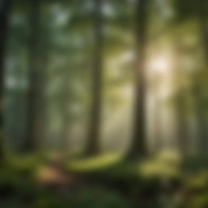 A lush green forest with sunlight filtering through the canopy