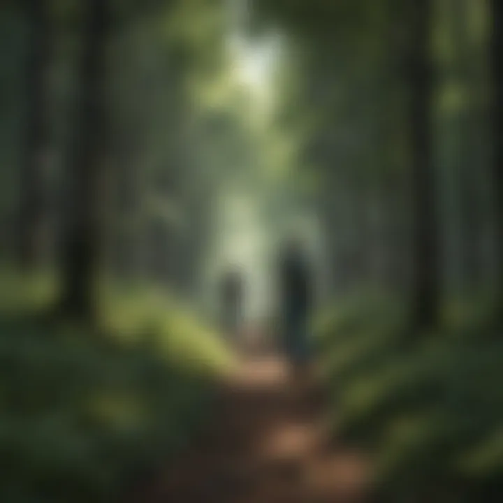 Person walking in a lush green forest