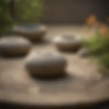 Zen garden with engraved mantras on stone sculptures