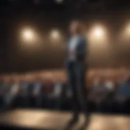 A confident speaker on stage engaging with the audience