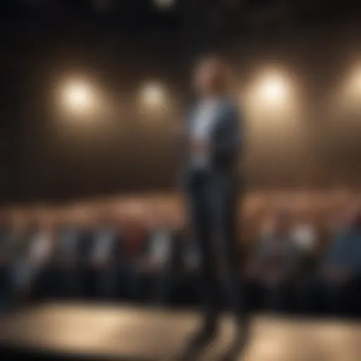 A confident speaker on stage engaging with the audience