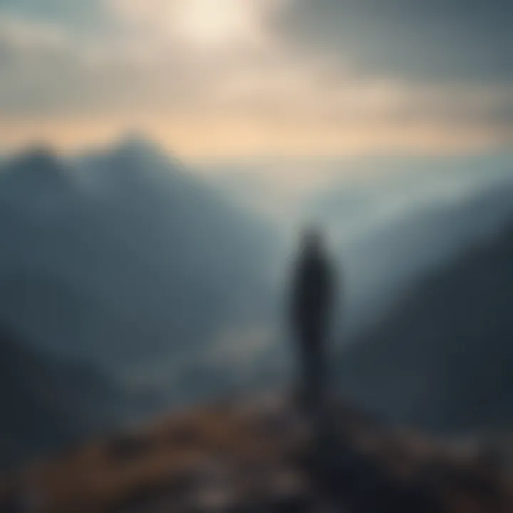 Ethereal silhouette of a person standing on a mountain peak overlooking a vast financial landscape