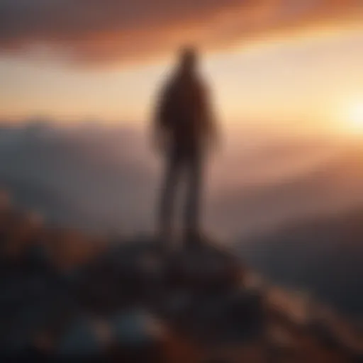 Silhouette of a person standing on a mountain peak at sunrise