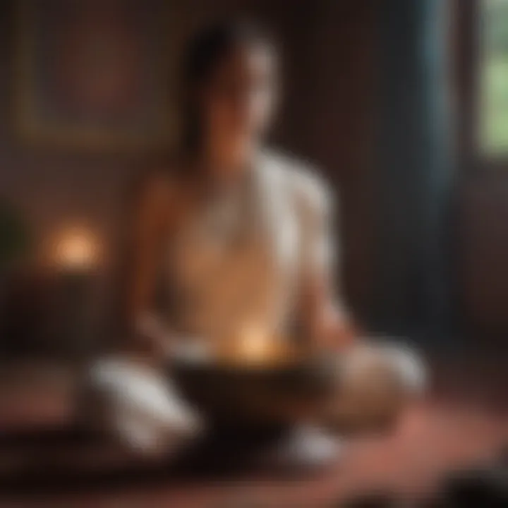 Mystical aura surrounding a practitioner meditating with Indian meditation bowl