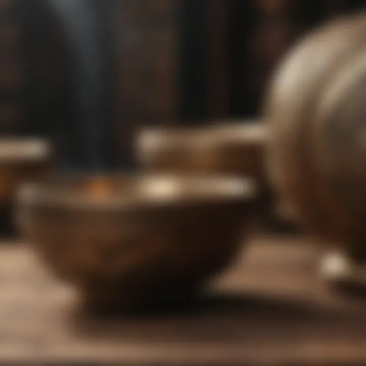 Ancient Tibetan singing bowls with intricate designs