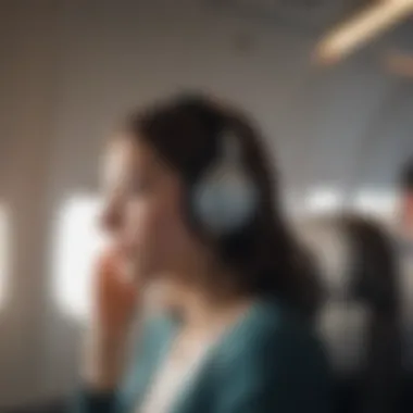 Person using noise-canceling headphones on a plane