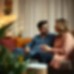 A couple having a serious conversation in a cozy living room setting