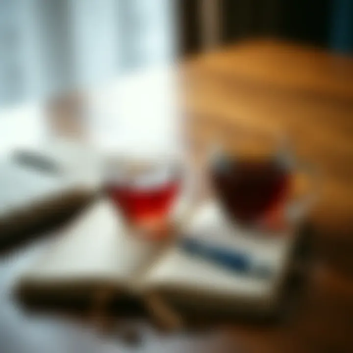 Self-Reflection and Coping Mechanisms A journal and a cup of tea on a table representing self-reflection
