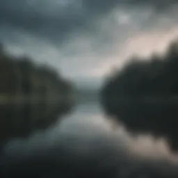 A tranquil scene depicting a calm lake reflecting a cloudy sky, symbolizing inner turmoil.