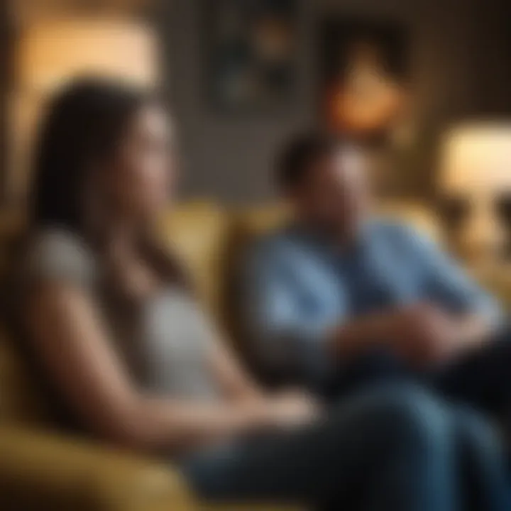 A couple sitting together on a couch, looking thoughtful and engaged in a conversation