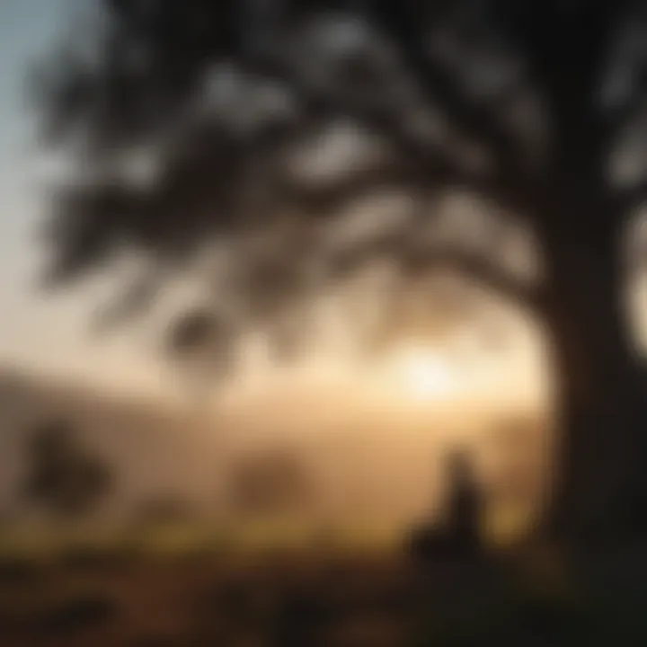 Silhouette of a person meditating under a tree