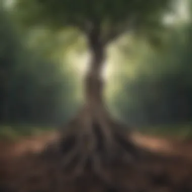 Rooted Resilience Minimalist design featuring a tree with deep roots representing inner strength and stability