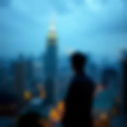 A solitary figure gazing at an urban skyline, reflecting feelings of isolation.
