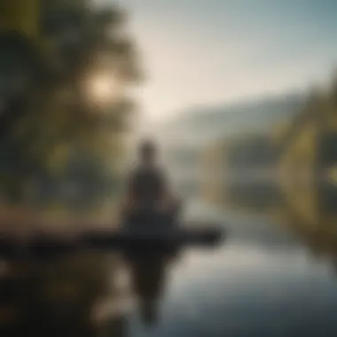 A tranquil scene of a person meditating by a peaceful lake