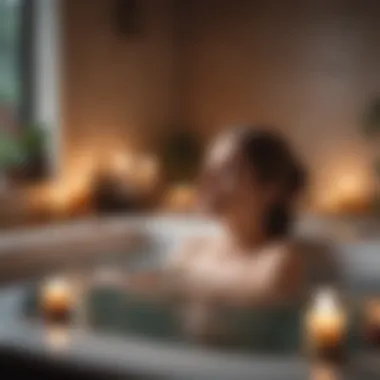 A calming depiction of a person enjoying a warm bath with candles