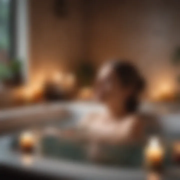 A calming depiction of a person enjoying a warm bath with candles