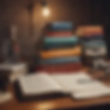 An assortment of books and journals arranged thoughtfully on a table, representing self-help strategies and personal growth.