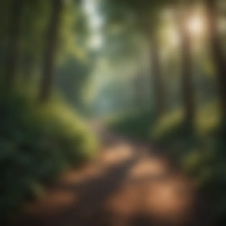 A winding path through a lush forest with sunlight filtering through the trees