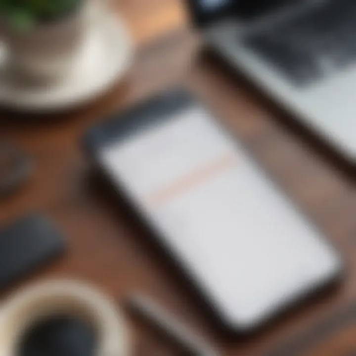 An organized workspace with an iPhone displaying an hourly planner app and a notepad.