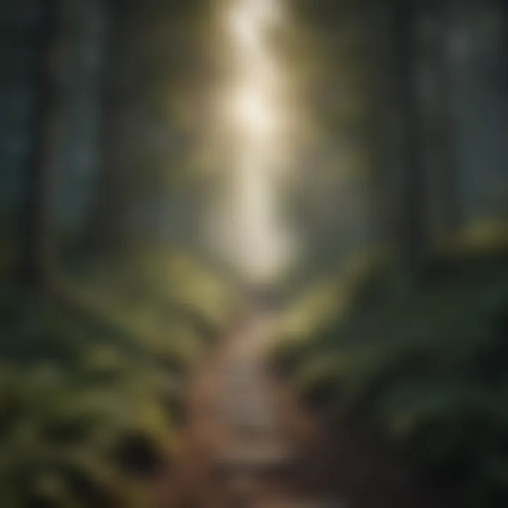 Path leading through a dense forest towards light