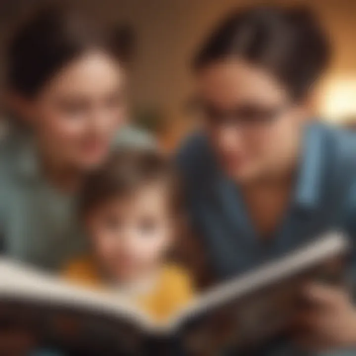 Parent and child reading a colorful picture book together