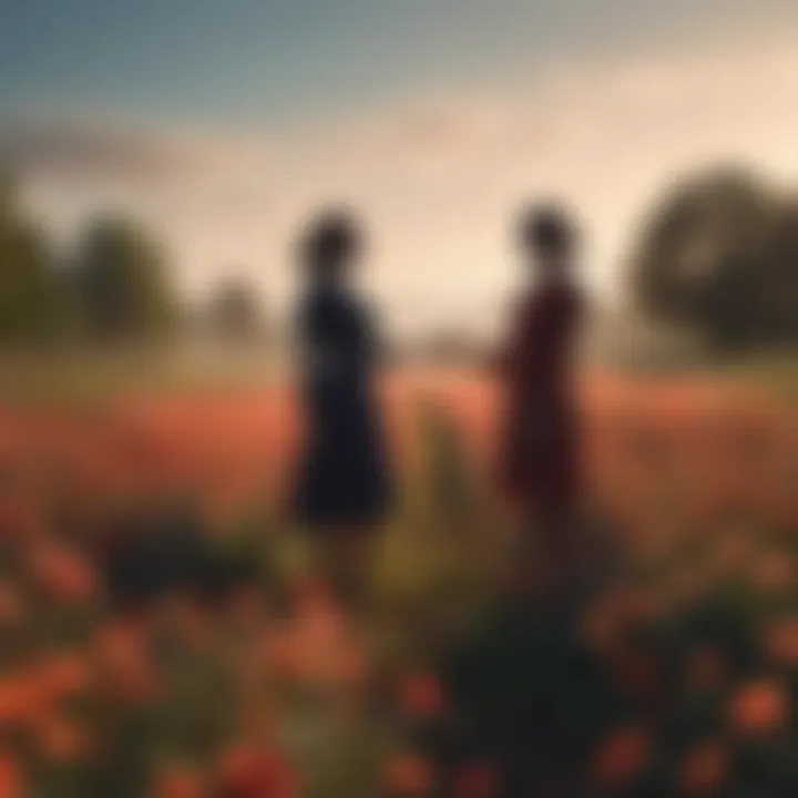 Abstract silhouette of two figures reaching out to each other in a field of vibrant flowers