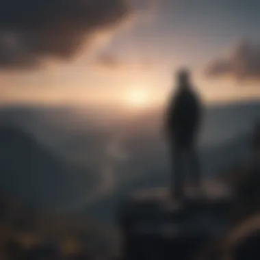 Silhouette of a person standing at the edge of a cliff overlooking a vast landscape