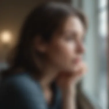 Mother gazing out the window with a pensive expression