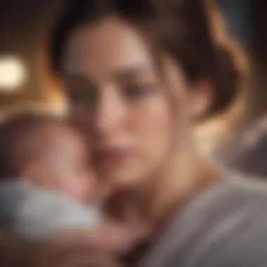 Mother holding her newborn baby with a somber look