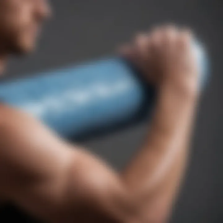 A close-up of a foam roller being used on the shoulder area to relieve tension