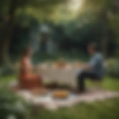 Couple enjoying a cozy picnic in a beautiful garden