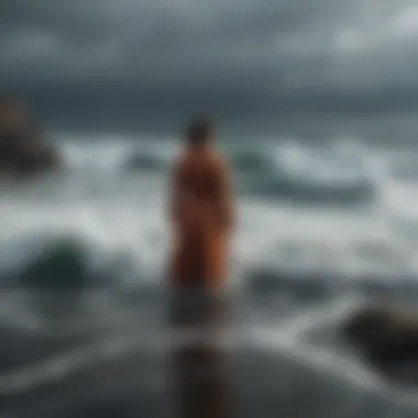 A lone figure standing strong amidst turbulent seas