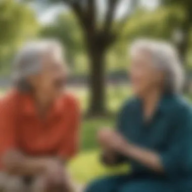 Two senior ladies laughing together in a park