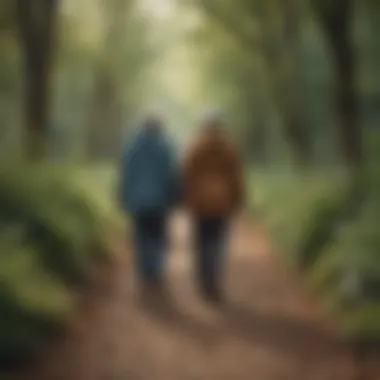 Senior ladies walking side by side on a peaceful trail