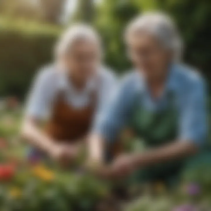 Senior lady gardening and tending to flowers