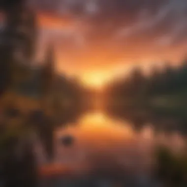 A serene landscape with a tranquil lake reflecting the vibrant colors of a sunset