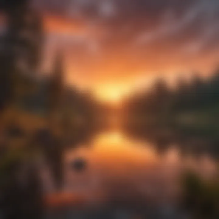 A serene landscape with a tranquil lake reflecting the vibrant colors of a sunset