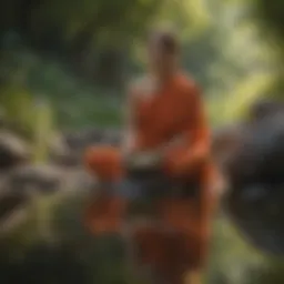 Serene meditator with Indian meditation bowl by a tranquil stream