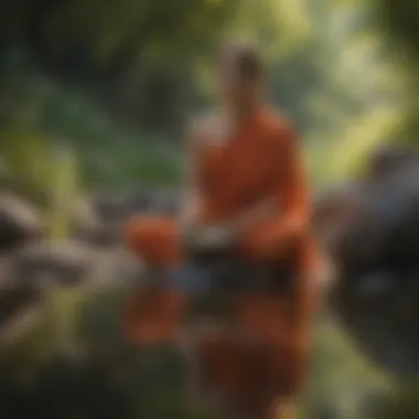 Serene meditator with Indian meditation bowl by a tranquil stream