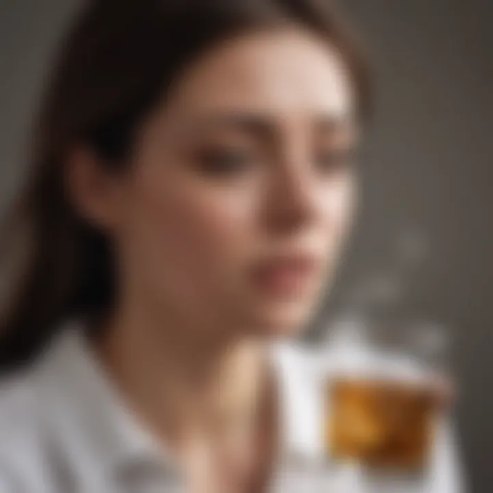 Woman feeling nauseous and dizzy from allergic reaction to alcohol