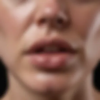 Close-up of swollen lips and face due to alcohol allergy