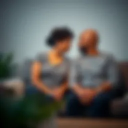 A couple sitting on a couch with a visible emotional gap between them