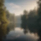 A serene landscape with a tranquil lake reflecting the sky