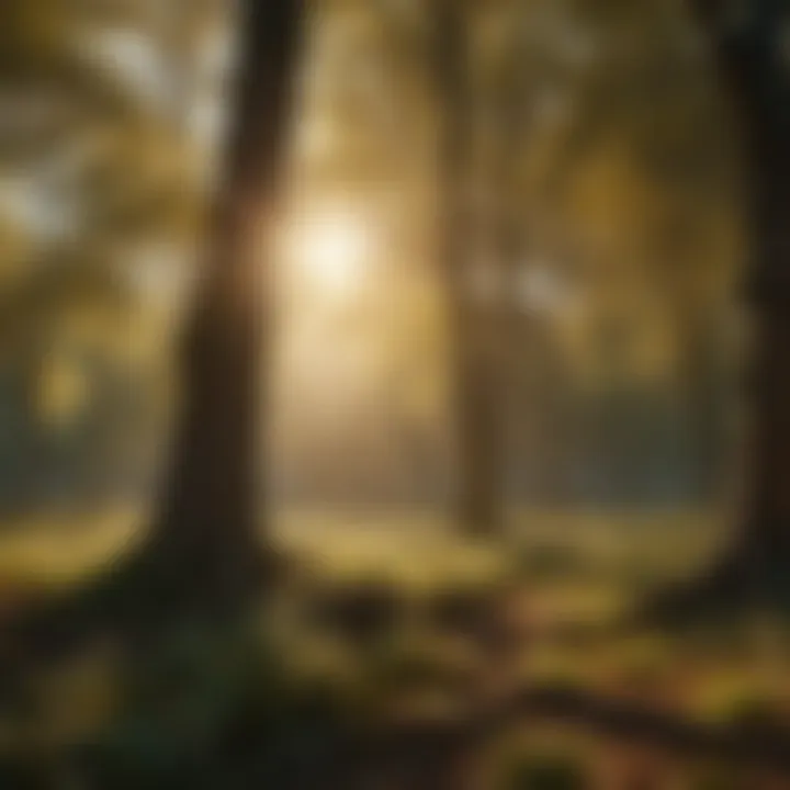 A serene landscape with sunlight filtering through trees