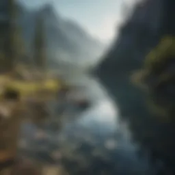 A serene landscape with calm water and mountains