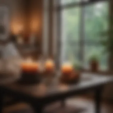 A cozy setting with calming elements like candles, books, and a warm beverage.