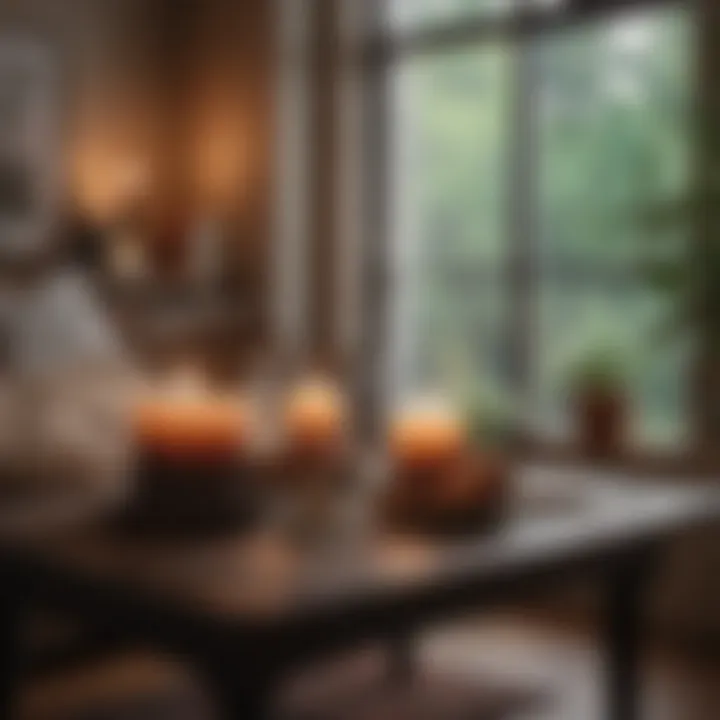 A cozy setting with calming elements like candles, books, and a warm beverage.