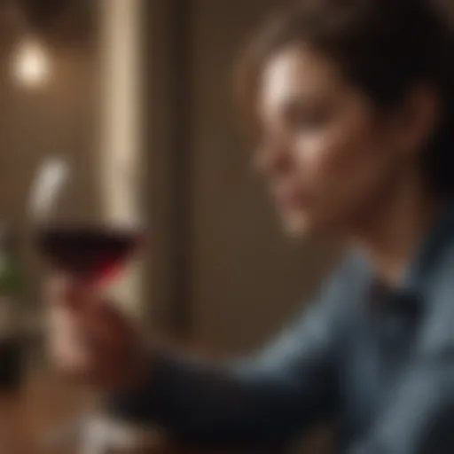 A contemplative individual gazing at a glass of wine, reflecting on personal experiences.